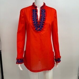 Tory Burch Red Tunic with Blue Embroidered Trim